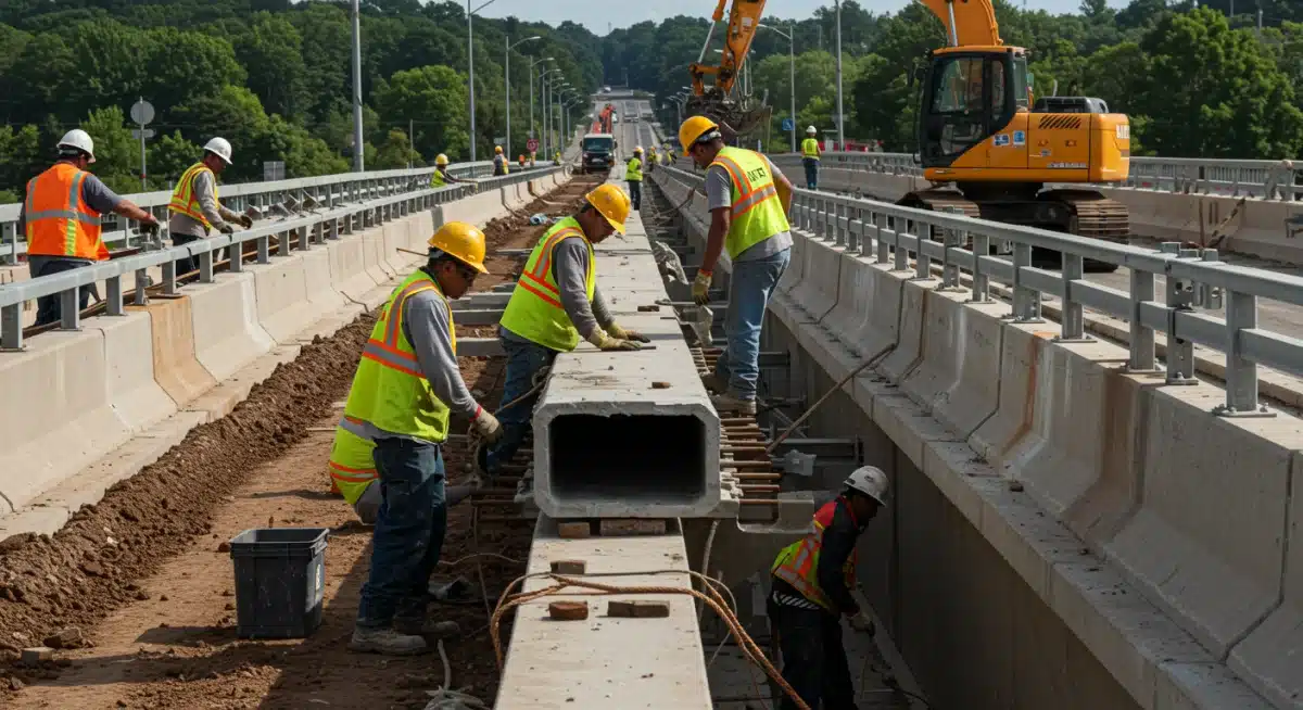 Construction crew repairing a bridge section with heavy machinery, symbolizing ongoing infrastructure work.