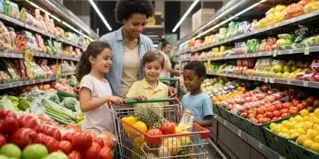 Family shopping for groceries, symbolizing increased food benefits and security.
