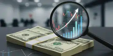 Magnifying glass over dollar bills with rising interest rate graph, symbolizing high-yield savings growth.