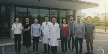 Diverse individuals standing confidently in front of a healthcare building, symbolizing access to medical care.