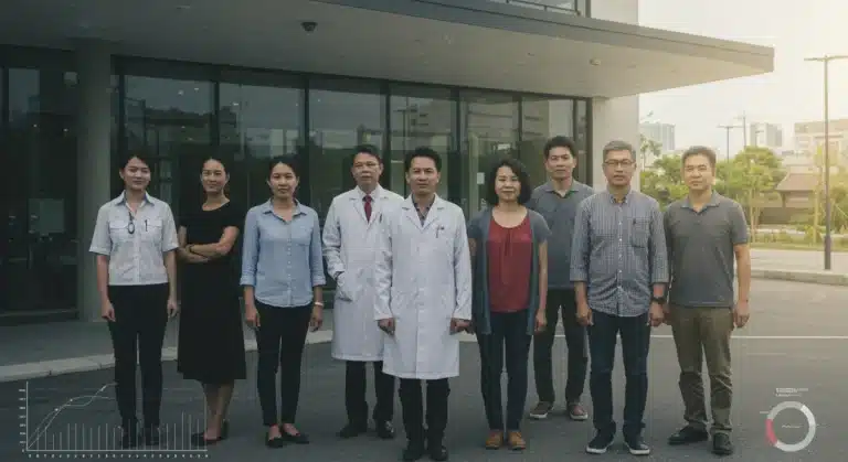 Diverse individuals standing confidently in front of a healthcare building, symbolizing access to medical care.