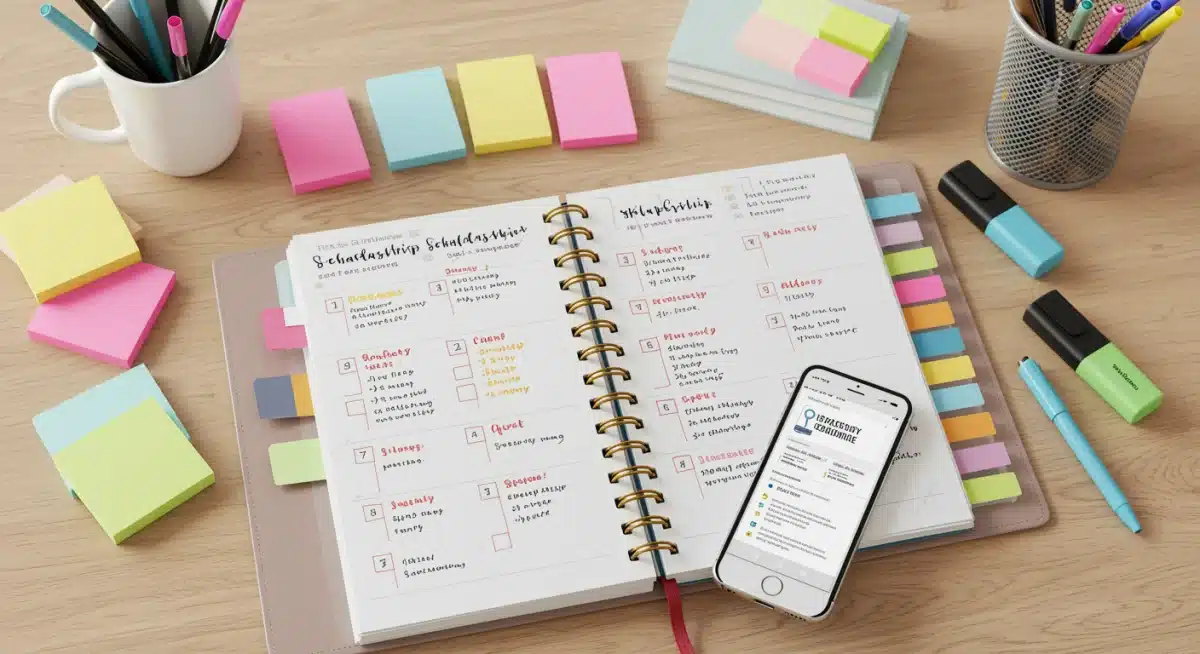 Organized desk with planner and scholarship application tools