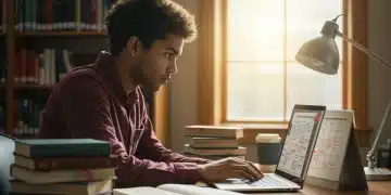 College student focused on laptop, researching scholarships for 2025-2026 academic year