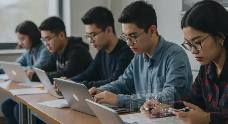 Students preparing for digital standardized tests on laptops