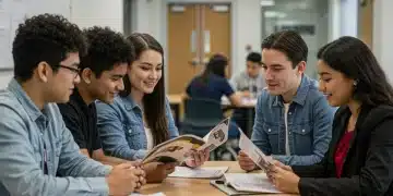 Early Career Counseling: Boost College Acceptance by 15% by 2025 High school students receiving early career counseling from a dedicated advisor, discussing college applications and future career paths.