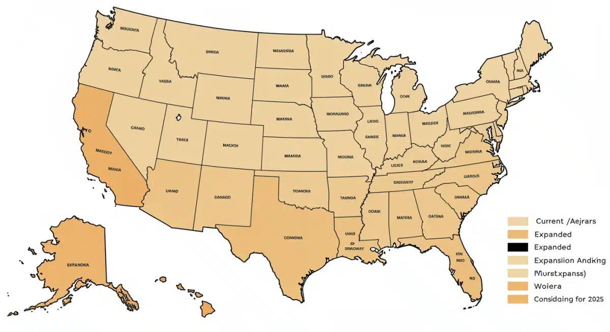 U.S. map visually representing states with Medicaid expansion status for 2025, showing expanded and non-expanded regions.
