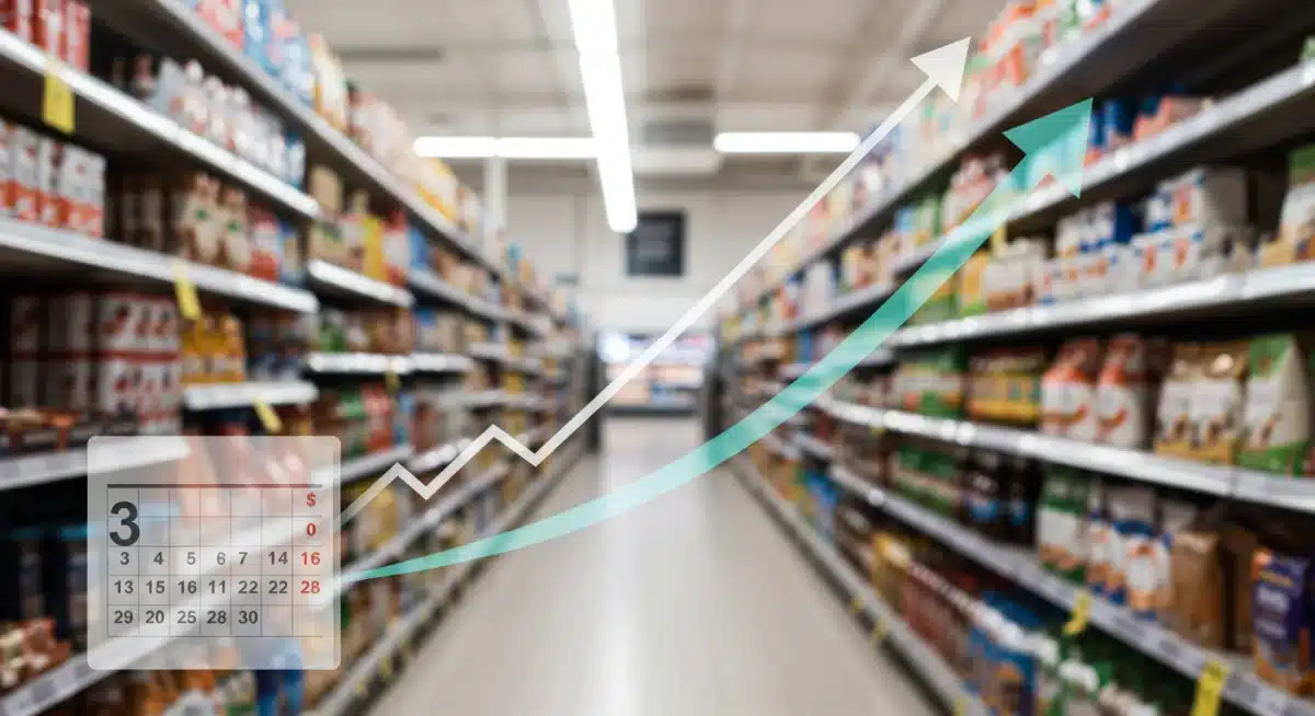 Supermarket aisle with rising price indicators for consumer goods.