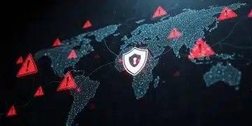 Futuristic digital shield protecting a global network from red cyberattack threats