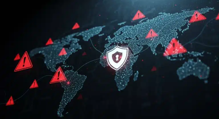 Futuristic digital shield protecting a global network from red cyberattack threats