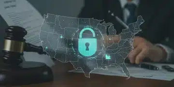 Digital lock over US map with gavel, symbolizing upcoming data privacy regulations.