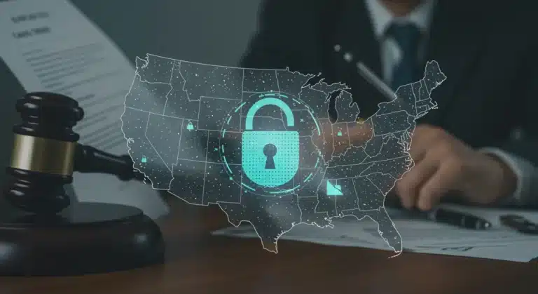 Digital lock over US map with gavel, symbolizing upcoming data privacy regulations.