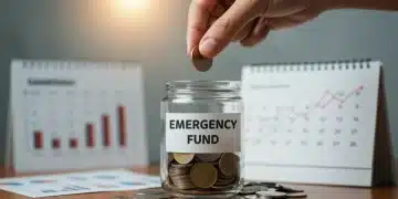 Hand placing coin into emergency fund jar with financial charts in background