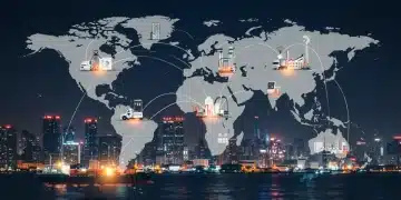 Global supply chain network with cargo ships and factories, illustrating price impacts.