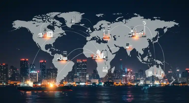 Global supply chain network with cargo ships and factories, illustrating price impacts.