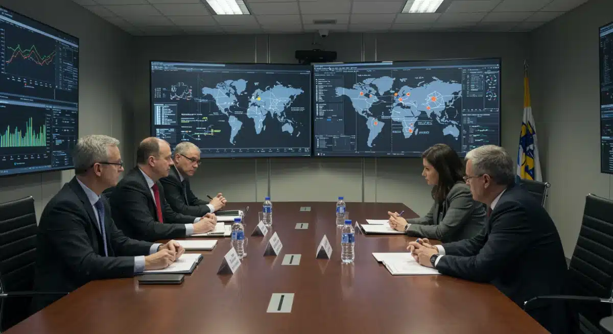 Government officials in a national security briefing addressing cyberattack threats