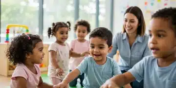 Children playing happily in a modern child care center, supervised by a kind caregiver, representing accessible and affordable child care.