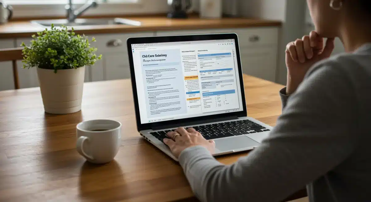 Parent researching child care subsidy applications on a laptop at home, navigating government forms.