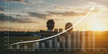 Investment chart showing 10% growth with a serene retirement scene in the background