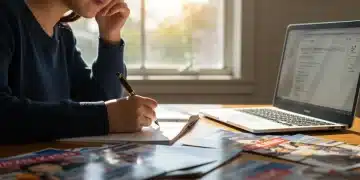 Student writing Common App essay with laptop and college materials