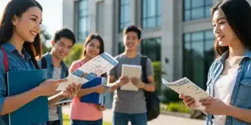 College students discussing finances on a modern university campus