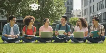 Diverse students discussing federal grants on a university campus