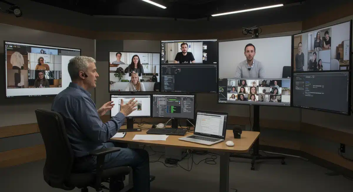 Professor lecturing virtually from a home studio setup