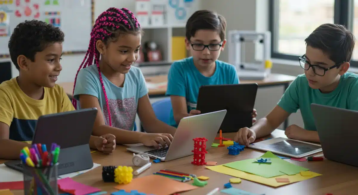 Children collaborating on a creative project with technology