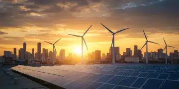 Solar panels and wind turbines powering a modern city at sunset, symbolizing clean energy.