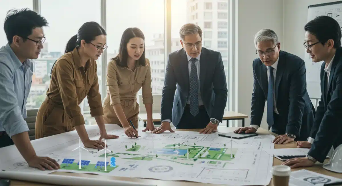 Team discussing clean energy blueprints and policy implementation.