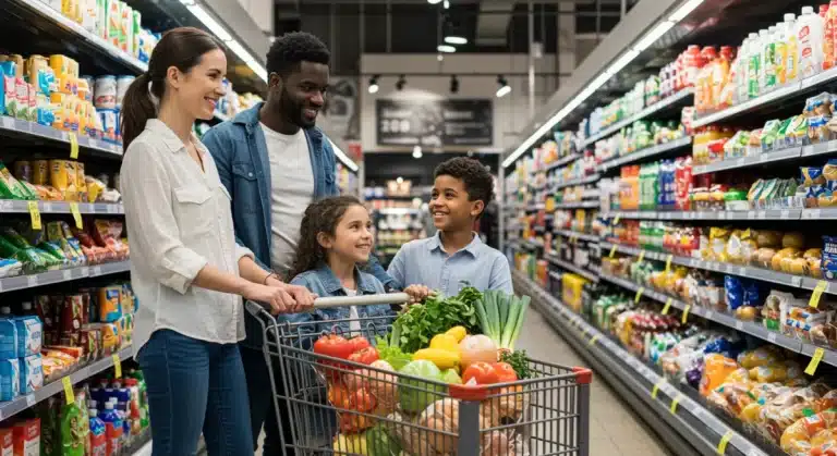 Family smiling while grocery shopping, symbolizing increased food security with SNAP benefits.