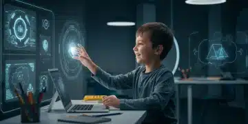 Child engaged in futuristic learning with holographic tools