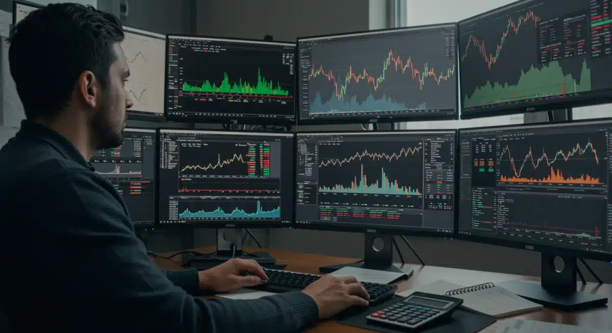 Investor analyzing stock market data and financial news on multiple screens.