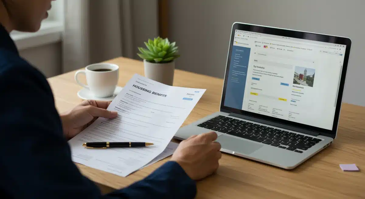 Person reviewing federal housing assistance documents and online resources