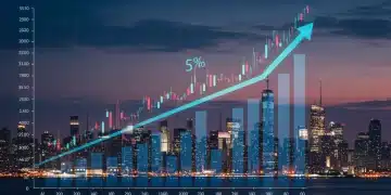 Financial chart showing a 5% economic shift and market volatility, with city skyline in background