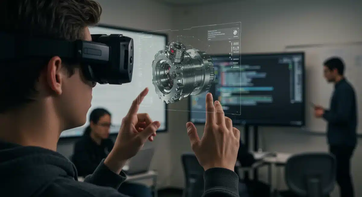 Student using augmented reality glasses to explore a 3D model in a STEM class.