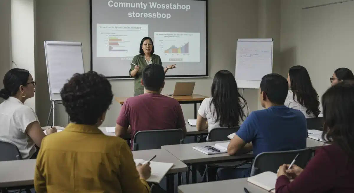 Diverse community members learning about housing assistance programs at a workshop.