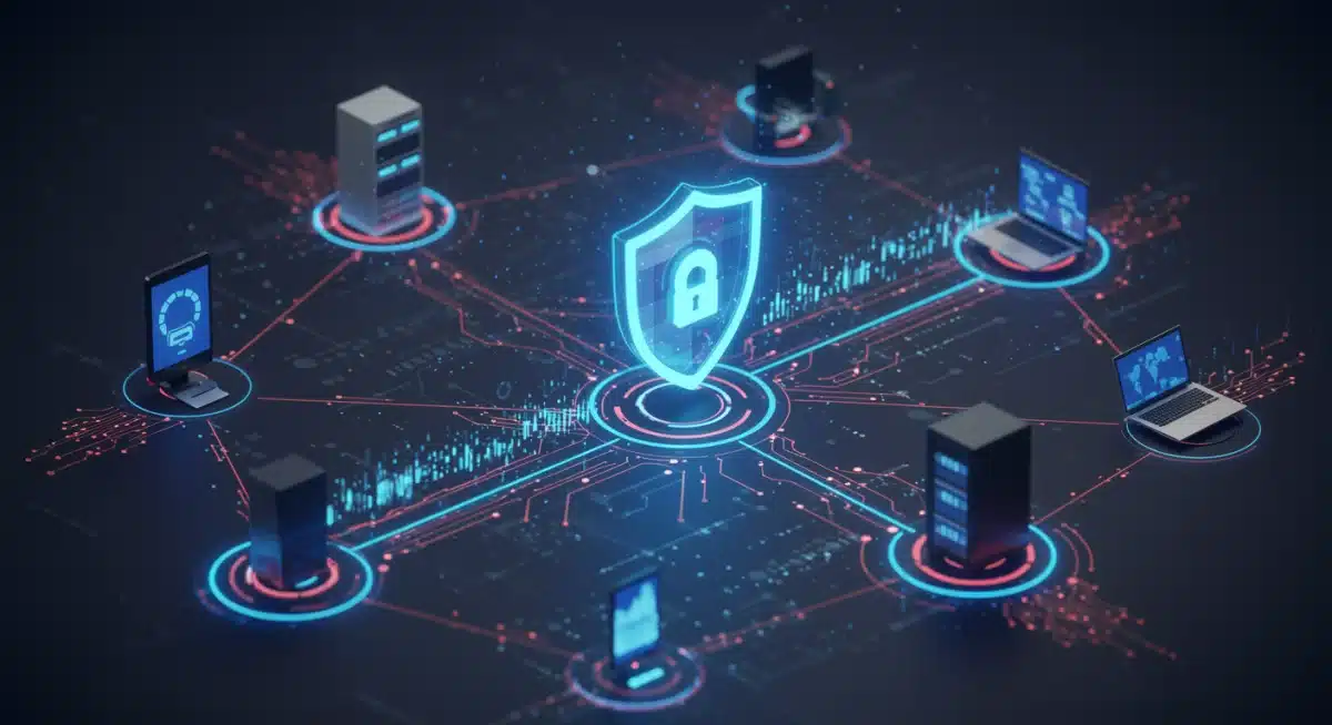 Interconnected devices with a data protection shield, symbolizing complex digital privacy.