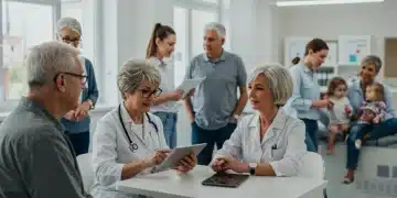 Diverse individuals interacting with healthcare professionals in a clinic