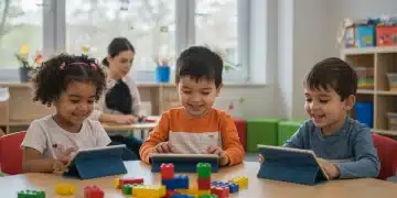 Children learning with technology and blocks in a modern early childhood classroom.