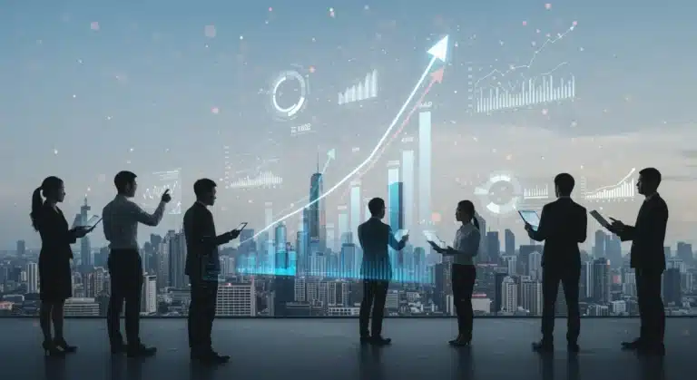 Futuristic city skyline with growth charts, symbolizing smart investment opportunities for 2026.