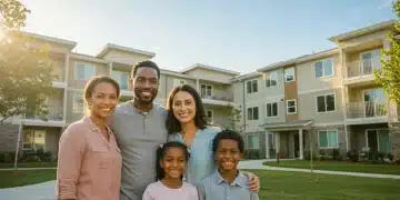 Happy family in front of a modern apartment building, symbolizing affordable housing success.