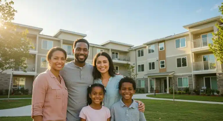 Happy family in front of a modern apartment building, symbolizing affordable housing success.