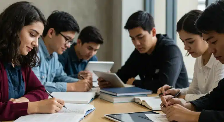 High school students preparing for new standardized tests in a modern library