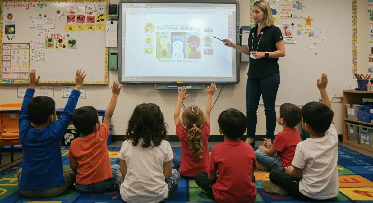 Teacher using interactive whiteboard with young children.