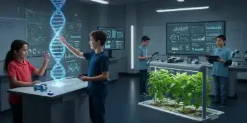 Diverse K-12 students engaging with AI, robotics, and sustainable tech in a modern STEM classroom.