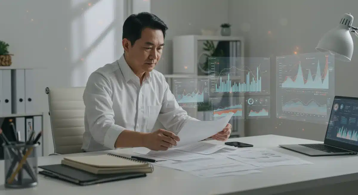 Individual managing personal finances with documents and investment screens, adapting to budget changes.