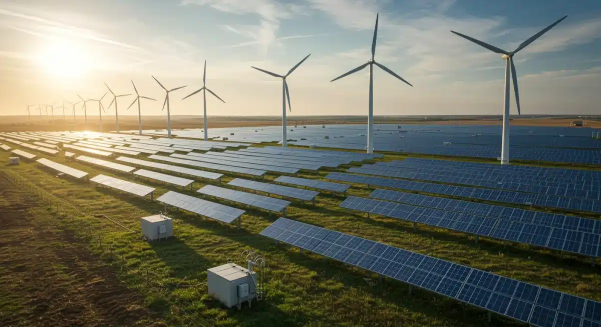 Vast solar farm and wind turbines, representing renewable energy investment growth.