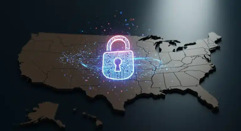 Stylized digital lock over US map, symbolizing new data security policies.