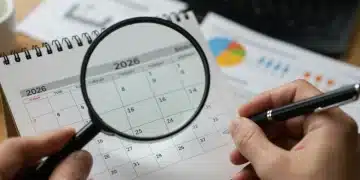 Calendar page for 2026 with magnifying glass, symbolizing future Social Security COLA planning.