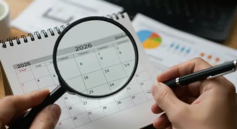 Calendar page for 2026 with magnifying glass, symbolizing future Social Security COLA planning.